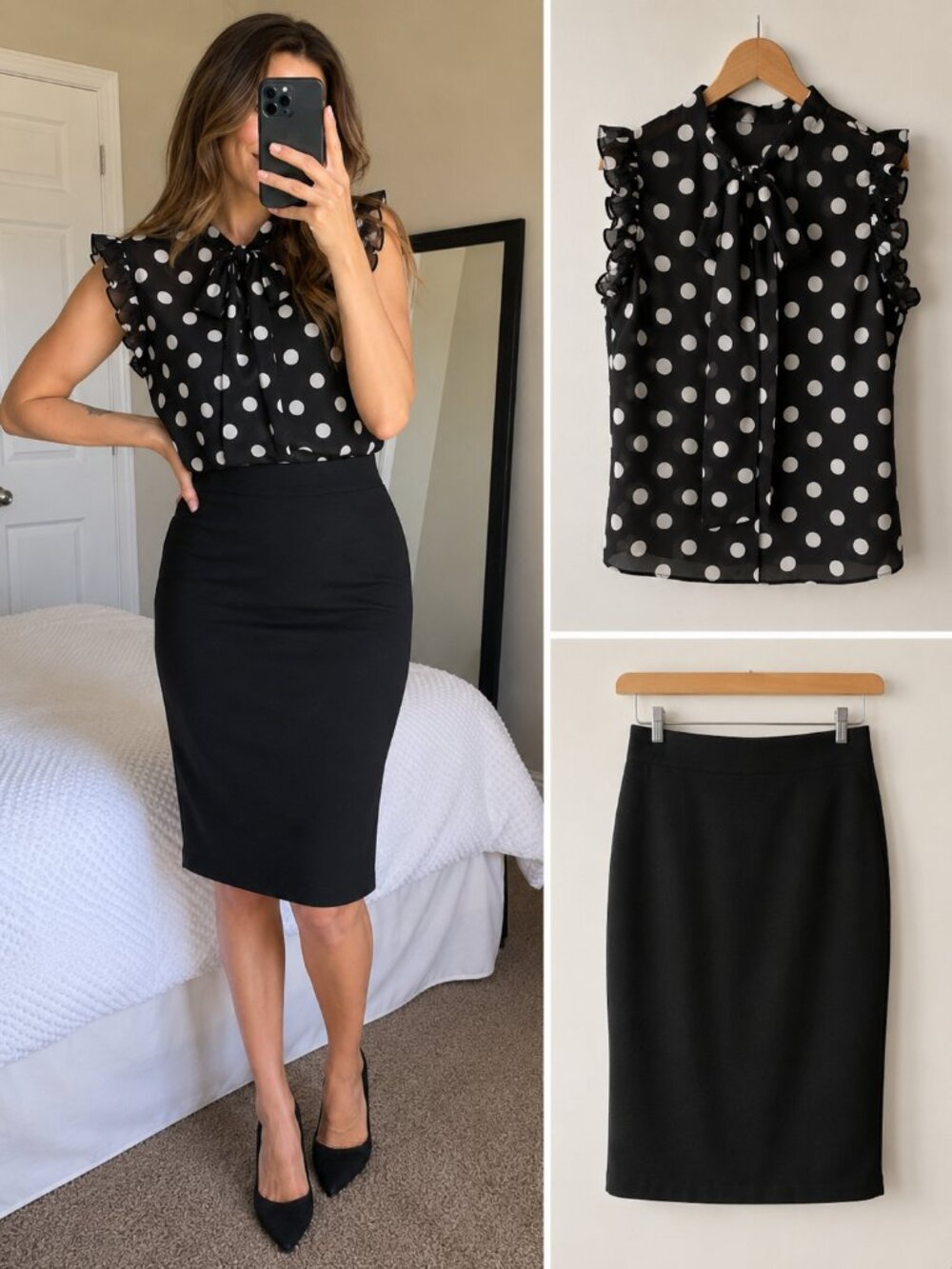 Black & White Polka Dot Blouse + Pencil Skirt Bundle | Women’s Workwear Set